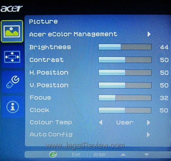 Tampilan OSD tampak sederhana karena memasukkan banyak fungsi dalam satu pilihan menu. Hal ini memudahkan pengaturan karena pengguna tidak perlu repot-repot masuk ke beberapa menu berbeda untuk mengatur tampilan. acer p206hl menu2