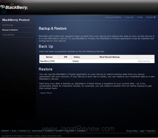Blackberry Protect Website Backup Restore