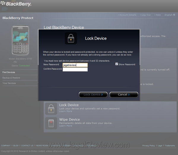 Blackberry Protect Website Device Lock
