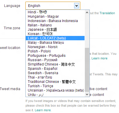 Pilihan Bahasa Baru untuk Twitter: LOLCATZ 2 lolcats