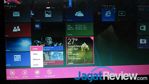 Windows 8.1 Berikan Pengalaman Komputasi yang Personal, Lebih Cepat dan Responsif 4 LiveTiles yang dapat diubah ukurannya sesuai keinginan; terdiri dari ukuran Small, Medium, Wide, Big
