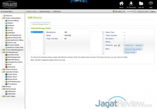 Perangkat storage berbasis USB akan langsung dideteksi oleh perangkat dan bisa dibagi isinya ke dalam folder jaringan.