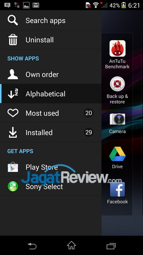 Review Sony Xperia Z1: Smartphone Android Tahan Air Terbaik 8 Sony Xperia Z1 - App Drawer Menu
