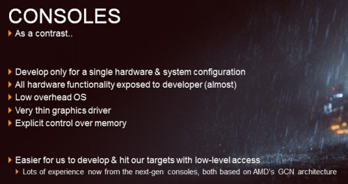 Review Performa AMD Mantle pada CPU Kelas Mainstream 2 Salah satu slide dari presentasi DICE, yang menunjukkan kelebihan Console dari PC