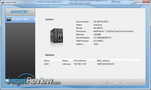 Asustor Control Center yang kami jalankan berhasil menemukan dan mengenali AS-202TE yang ada di jaringan lokal kami.