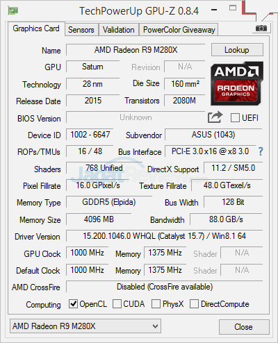 Uji VGA AMD Radeon M280X 4 GB di Notebook ASUS N551ZU 6 AMD R9 M280X GPUZ v2