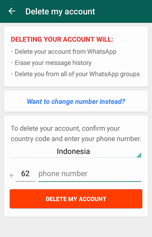 Tips WhatsApp: Menghapus Akun 4 tampilan delet akun