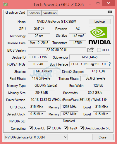NVIDIA GeForce GTX 950M GDDR5 GPUZ