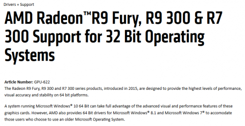 AMD Radeon™R9 Fury, R9 300 & R7 300 Support for 32 Bit Operating Systems