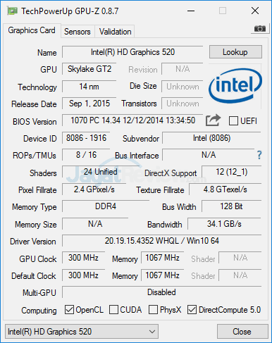 Review Mini PC Desktop: Intel NUC NUC6i3SYK 8 Intel NUC6i3SYK GPUZ