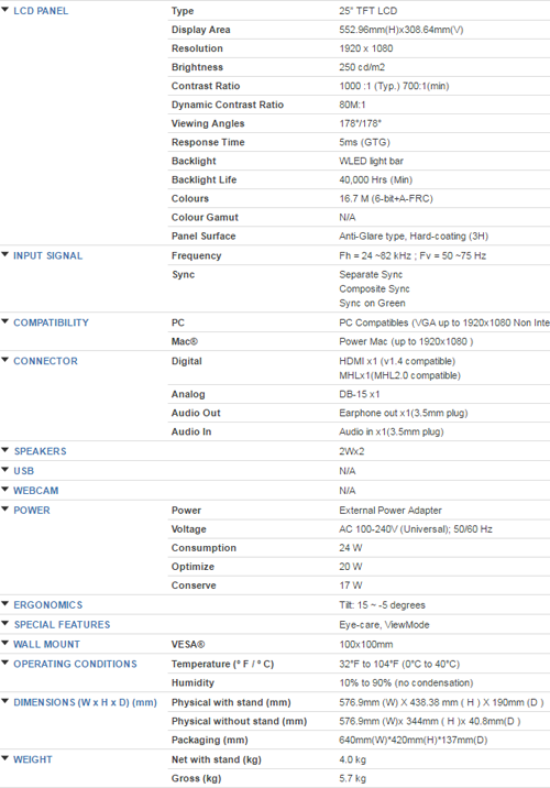 Viewsonic VX257-SHW Specification
