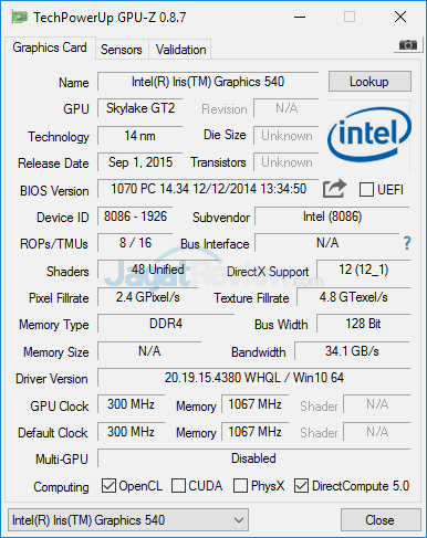 Review Mini PC Desktop: Intel NUC NUC6i5SYH 8 Intel NUC6i5SYH GPUZ