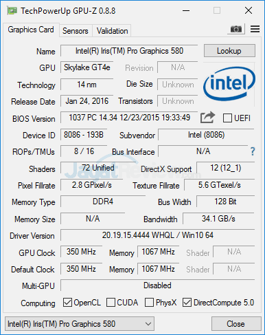 Review Mini PC Desktop: Intel NUC NUC6i7KYK "Skull Canyon" 9 Intel NUC6i7KYK GPUZ v2