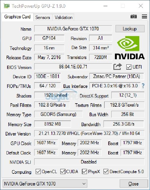 Review VGA Card Zotac GTX 1070 AMP Edition 2 GPUZ Zotac GTX 1070 AMP 1