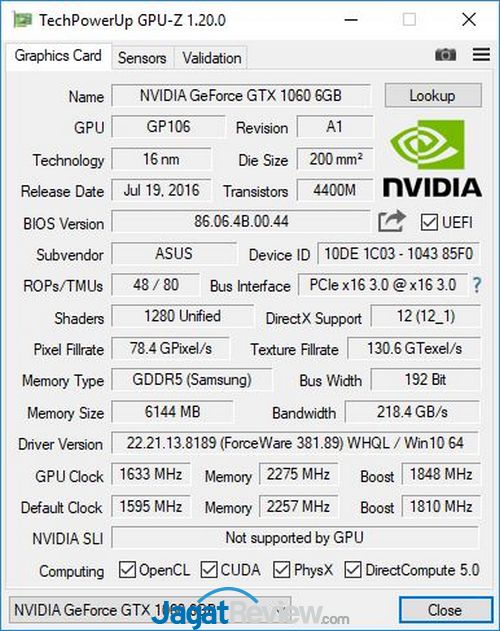 Review VGA Card: ASUS GeForce GTX 1060 OC 9Gbps 10 GPUZ OCMode 1