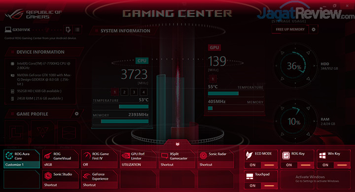 ASUS GX501 Gaming Center - Dock Menu