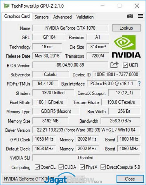 Review VGA Card: Colorful iGame GTX 1070 X-Top-8G Advance Limited 8 GPUZ 1