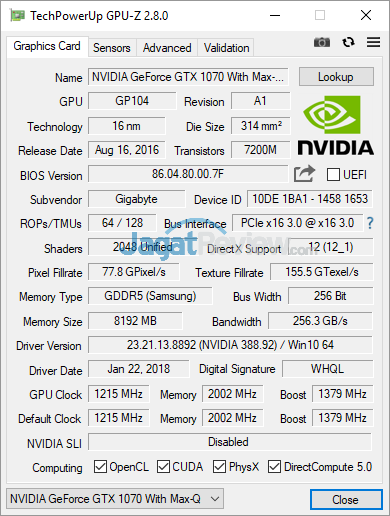 Review Gigabyte Aero 15X v8: Kencang, Tipis, dan Terjangkau dengan Core i7 8750H 5 Gigabyte Aero 15X v8 GPUZ 01
