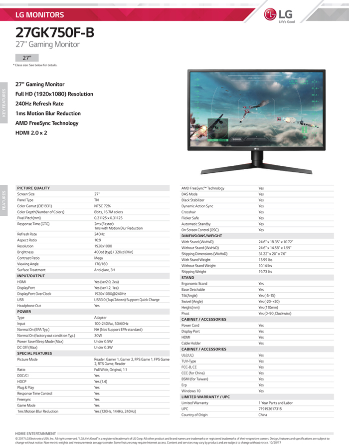 Hands-On Review: Monitor LG 27GK750F-B 2 Spec sheet