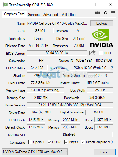 Review Notebook Gaming: Omen by HP 15-dc0035TX 6 Omen by HP 15 dc0035TX GPUZ