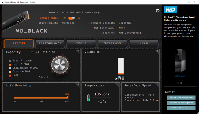 WD Black SSD Dashboard