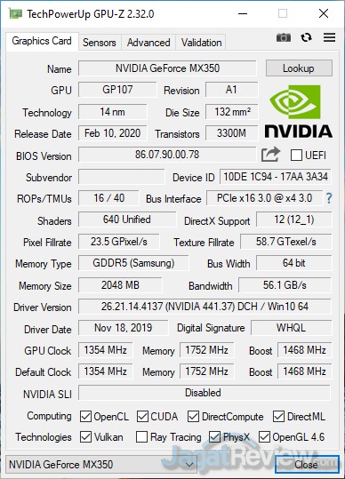 Review NVIDIA GeForce MX350: Laptop Tipis Bisa Gaming Serius 2 GPUZ MX350