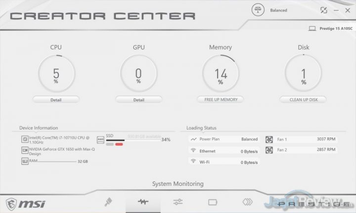 Review MSI Prestige 15: Laptop Video Editor yang Ringan dan Tipis 19 MSI Creator Center System Monitoring