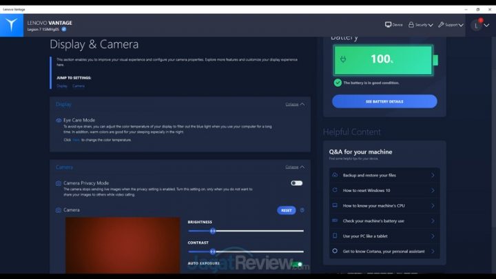 lenovo vantage display and camera