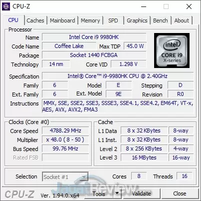 Review Intel NUC 9 Extreme Kit CPUZ CPU
