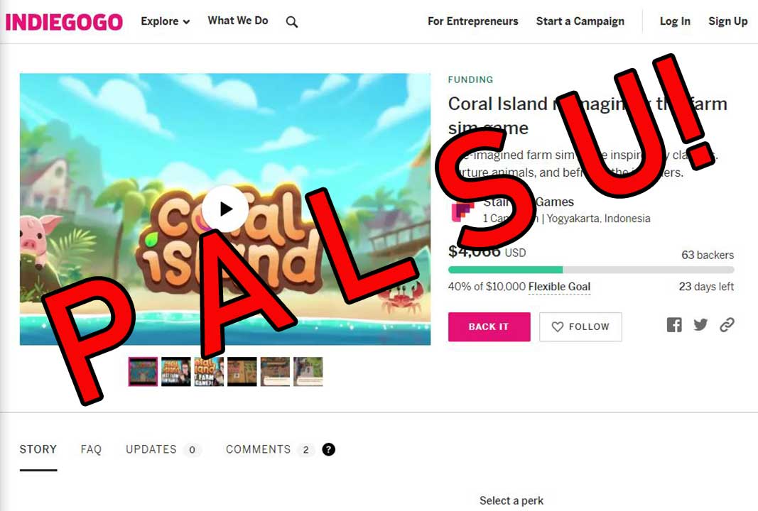 Halaman Pendanaan Coral Island di Indiegogo Dipastikan PALSU! 4 coral island fake