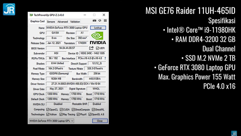 Review MSI GE76 Raider (2021): Monster Gaming dengan Spesifikasi Tinggi dan Layar 360 Hz 6 gpu 3
