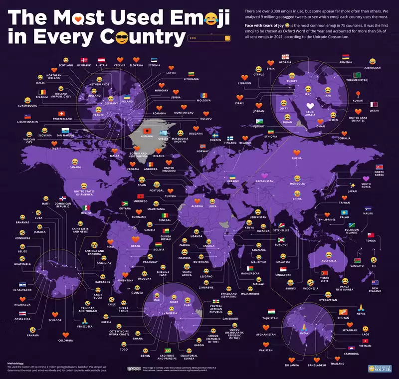 Inilah Daftar Emoji Yang Paling Sering Digunakan Secara Global 5 Most Used Emoji on Twitter Map World Hi RES