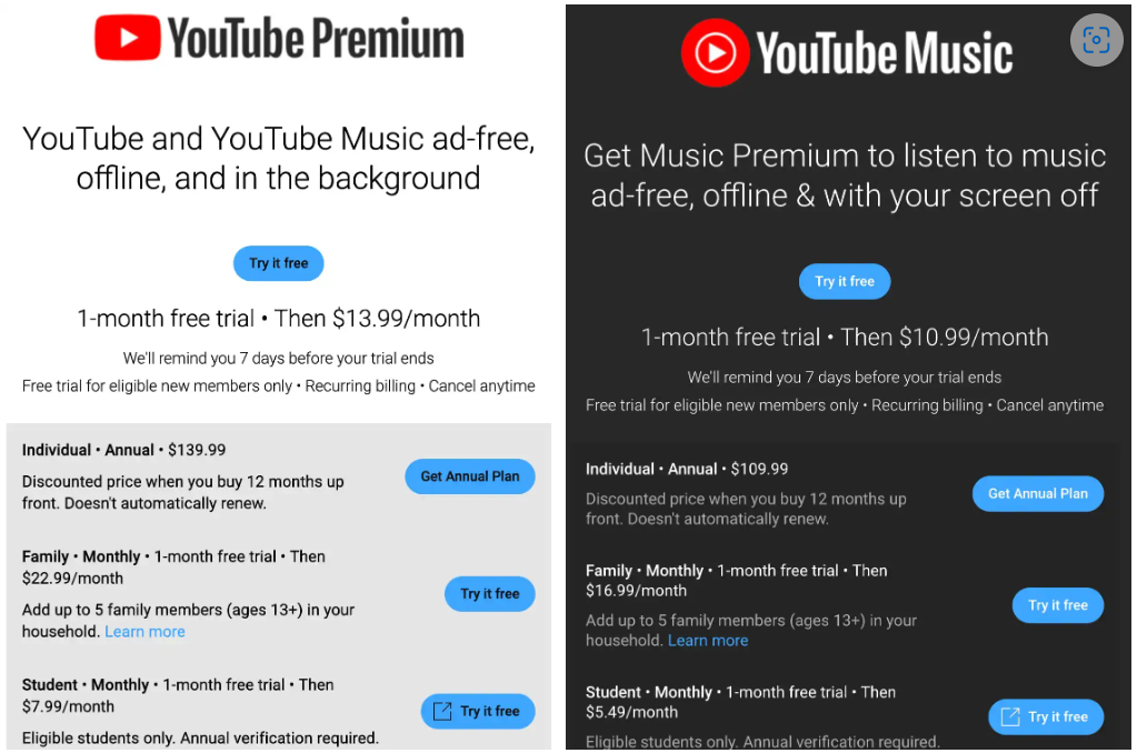 YouTube Premium price increased us