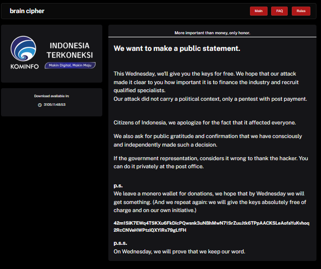 Hacker PDNS Bakal Berikan Kunci Ransomware Secara Gratis! 1 Brain Chiper PDNS Ransomware