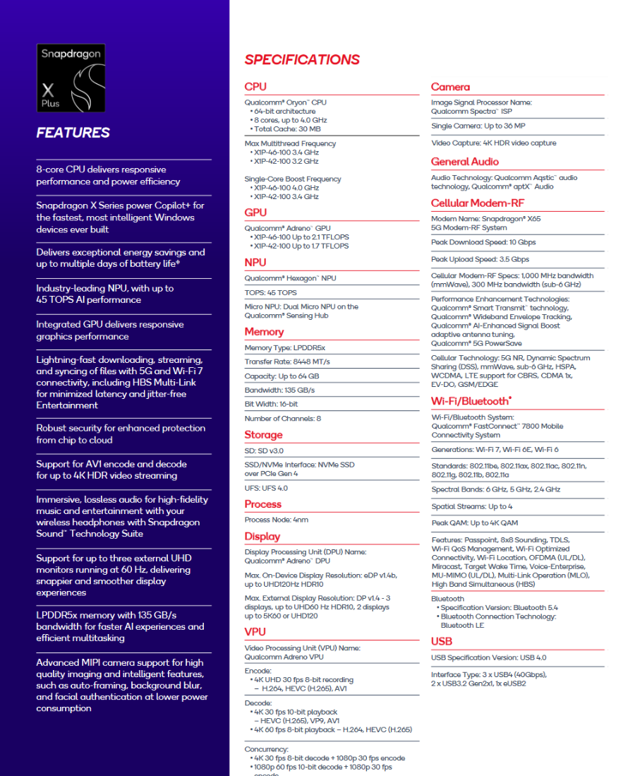 Qualcomm Umumkan 2 SKU Baru Untuk Snapdragon X Plus 2 Snapdragon X plus 8 core specs