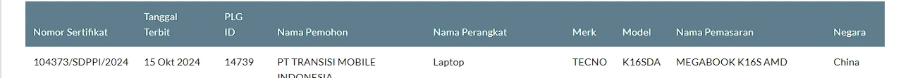 Tecno Siapkan Megabook K16S AMD di Indonesia 2 tecno megabook k16s kominfo