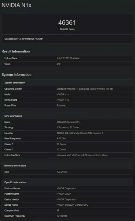 Bocoran Geekbench NVIDIA N1X Kembali Beredar 2 Benchmark NVIDIA N1X