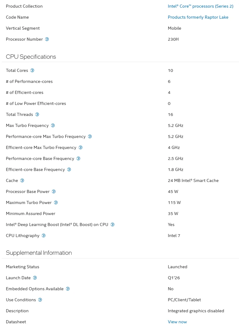 Intel Core 7 230H dan Core 5 205H Dirilis: Prosesor Raptor Lake Tanpa IGP 2 Intel Core 7 230H specs