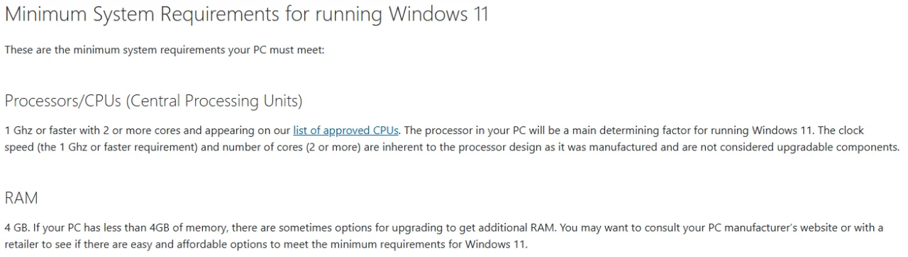 Sebuah screenshot yang menunjukkan RAM 4 GB sebagai minimum untuk Windows 11