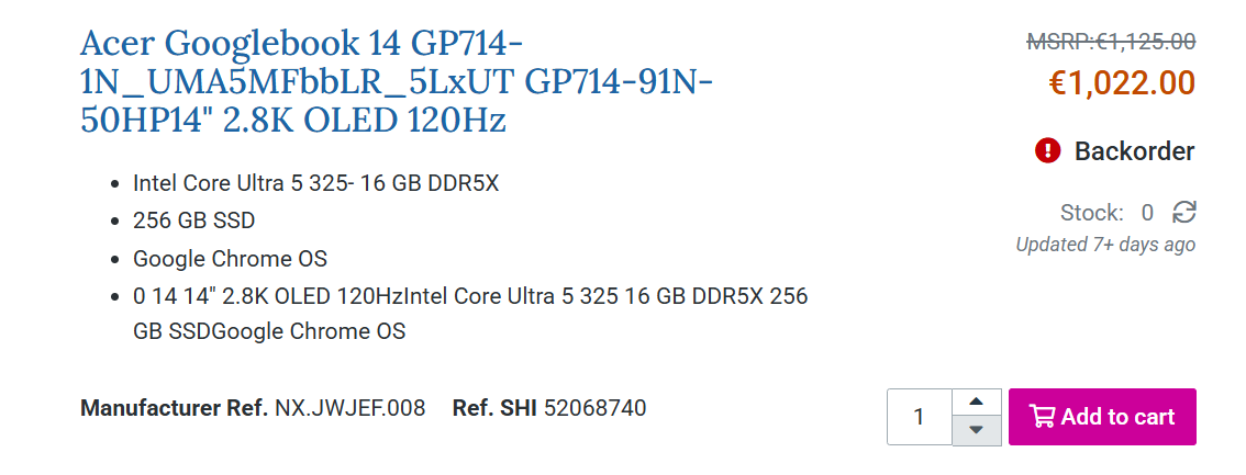 SHI.fr listing of Acer Googlebook 14