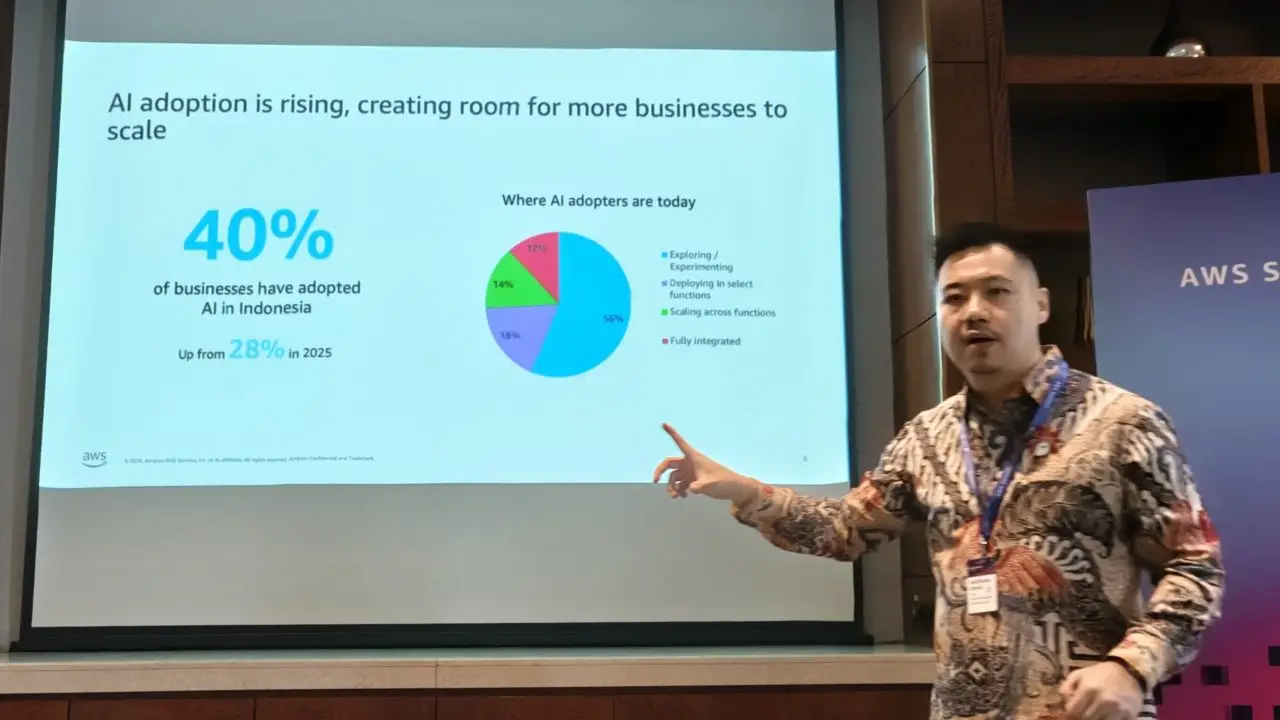 AWS Unlocking Indonesia’s AI Potential 2026: Melihat Potensi Adopsi AI di Indonesia 1 Anthony Amni, Country Manager AWS Indonesia presenting Unlocking Indonesia's AI Potential 2026 study